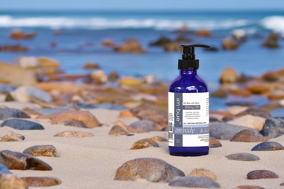 800mg CBD lotion placed on rocky beach