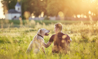 Man and his Dog sitting in a field