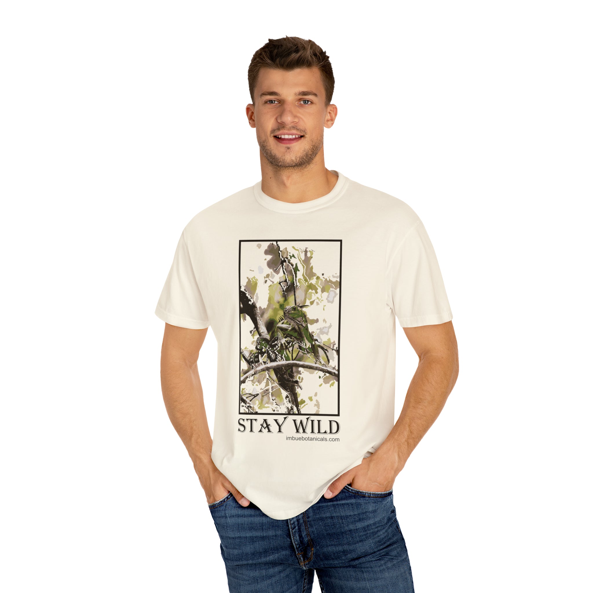 Unisex Garment Dyed T-shirt for Men or Women Comfort fit Stay Wild Green Iguana Design