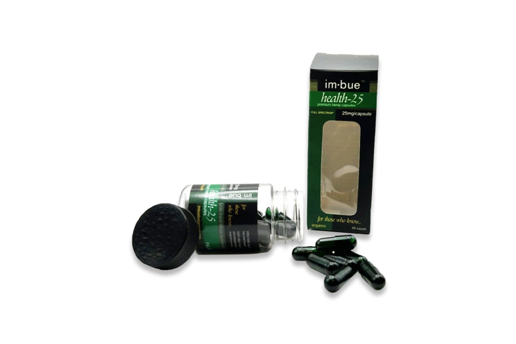 25mg CBD capsules box and bottle with capsules in view