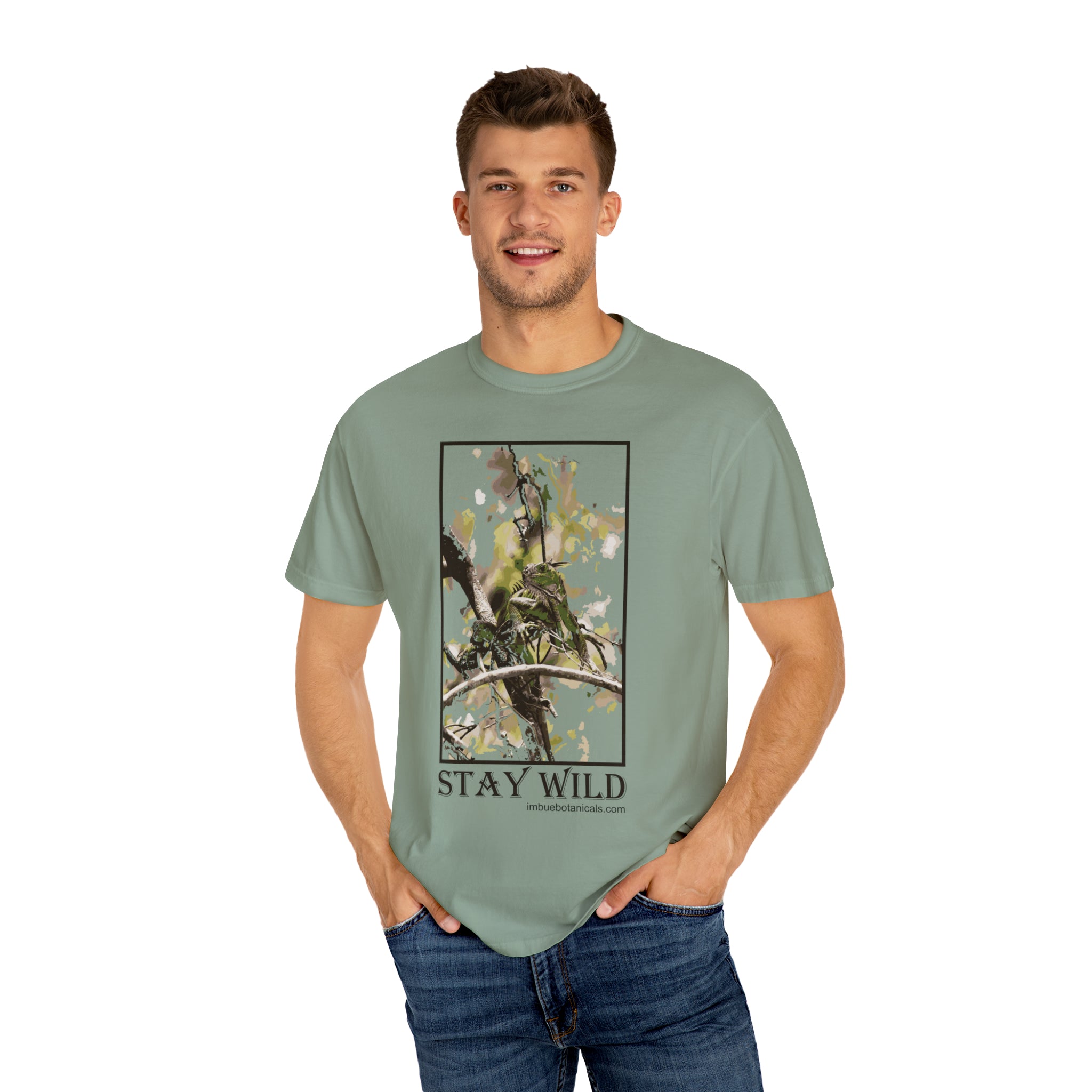 Unisex Garment Dyed T-shirt for Men or Women Comfort fit Stay Wild Green Iguana Design