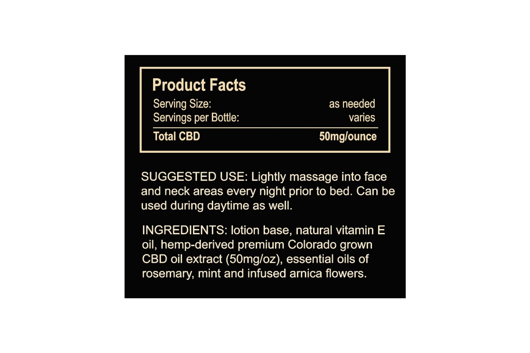 100mg CBD facial cream 2 ounce jar information panel