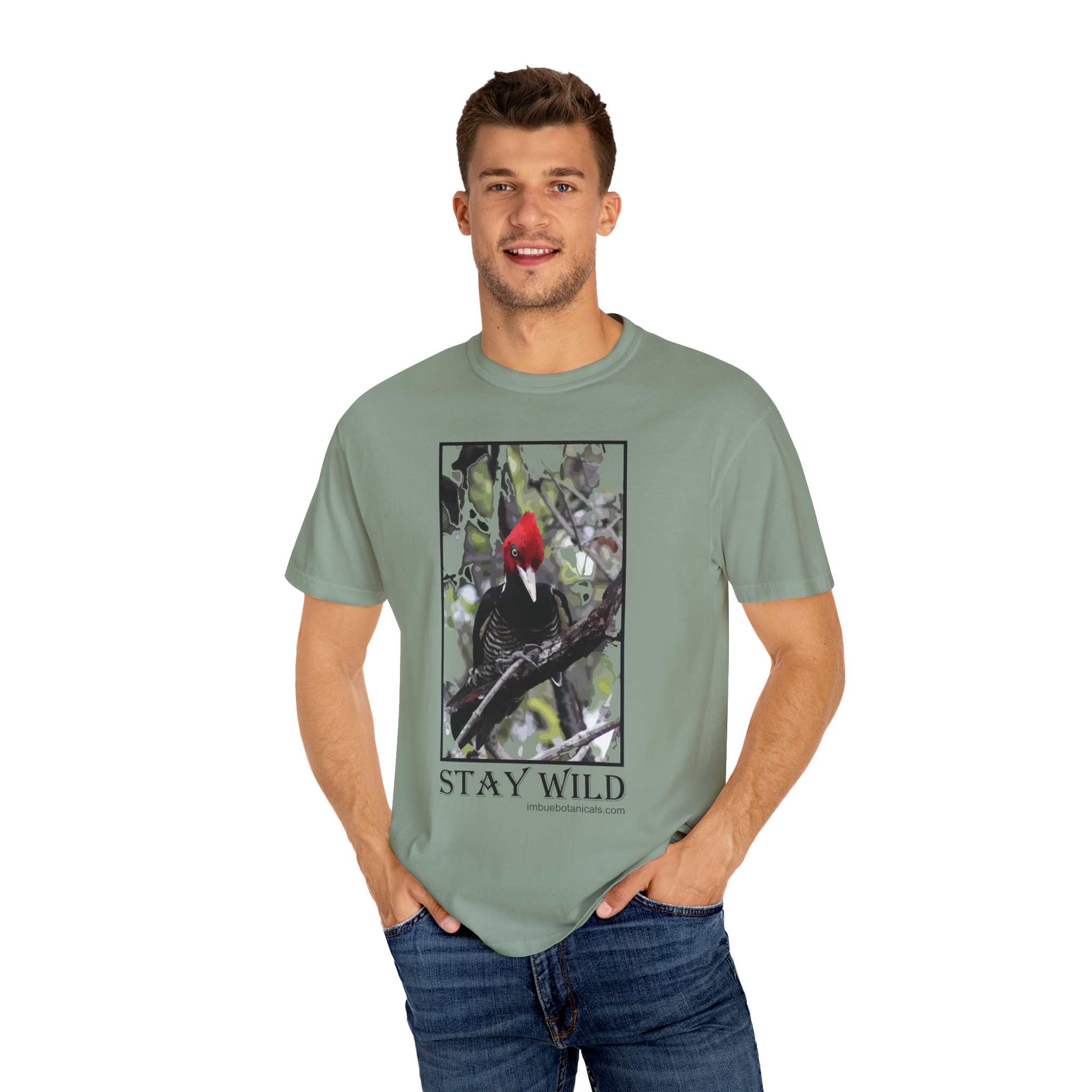 Unisex Garment Dyed T-shirt for Men or Women Comfort fit Stay Wild Pale Billed Woodpecker Design