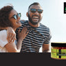 25mg CBD gummies jar inset over a young black couple with sunglasses on laughing