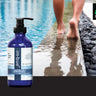 CBD lotion inset over a man walking along the edge of a pool