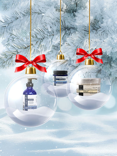 products in ornaments hanging from tree in snow